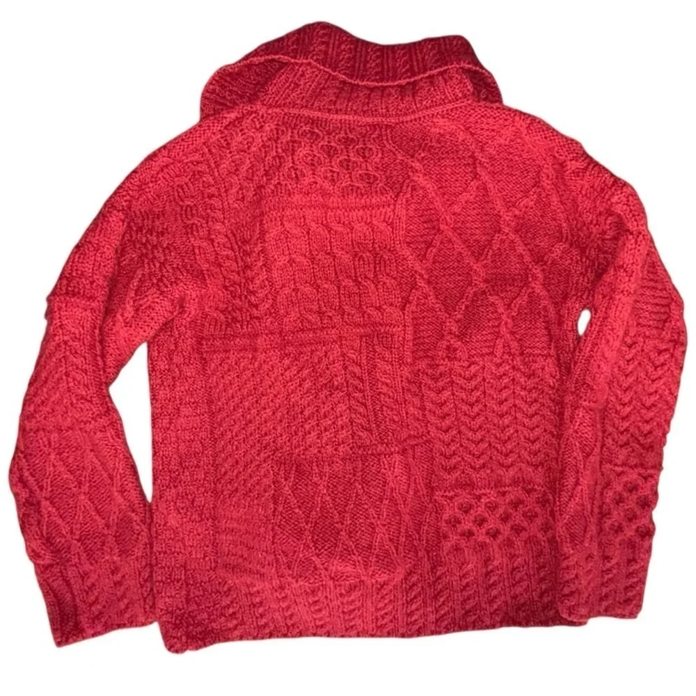 Aran Red Wool Cardigan Irish Patchwork Wrap Button Collar Merino XL